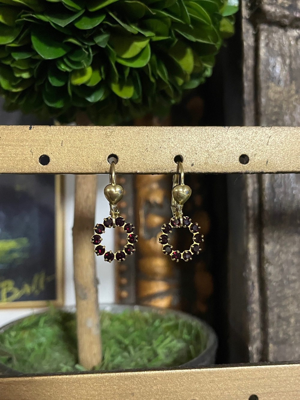 Gold Heart Hoop Earrings with Red Swarovski Circle Accents